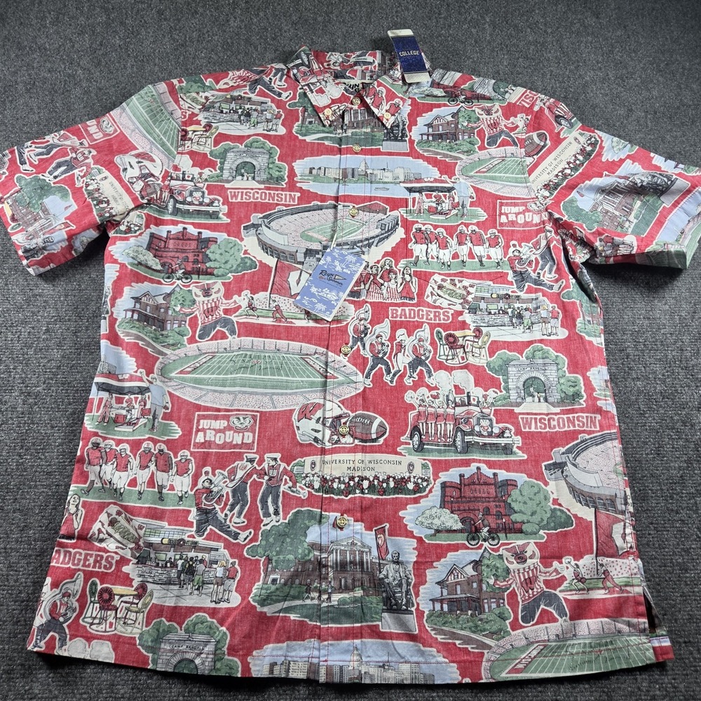 Reyn Spooner Wisconsin Badgers Button Hawaiian Shirt Mens L Cotton NEW